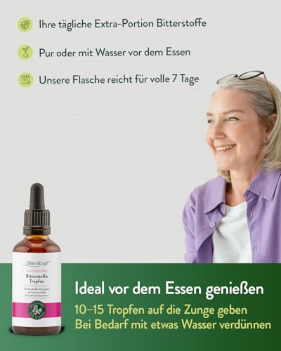 BitterKraft! Original BIO Bitterstoffe Tropfen alkoholfrei - 50 ml Pipette – Hildegard von Bingen – 9 erlesene Bitterkräuter - Verdauungsfördernd – hochdosiert- 100% Natur – Vegan – Made in Germany