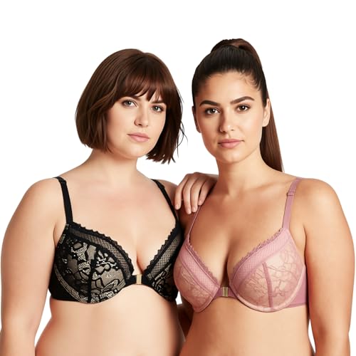 Curve Muse Women's Plus Size Add 1 Cup Push Up Underwire Halter Front Close Bras-2PK-Red Cinnabar,Black-32B (EU:70B)