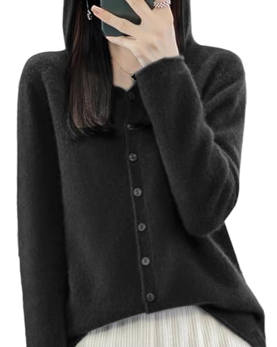 Image of Cashmere Sweaters for Women Button Down V Neck Hooded Cardigan Casual Loose Long Sleeve Soft Knit Pullover Tops