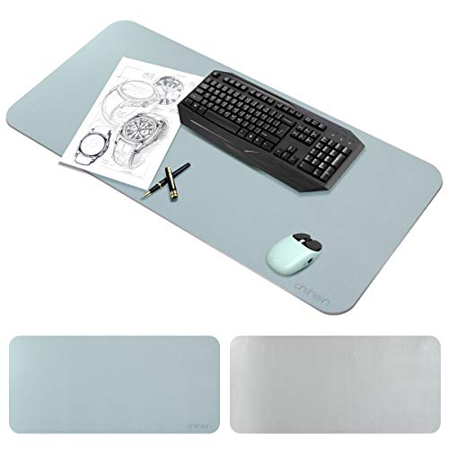 Chihein Dual Sided PU Leather Desk Pad 45.3" x 15.7" - Desk Protector Pad Desk Mat Large Mouse Pad, Writing Mat Waterproof Desk Cover for Office Home Table Gaming(Light Blue/Silver )