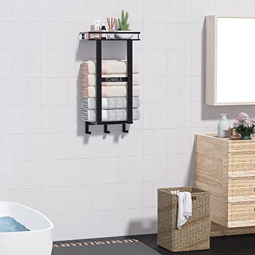 Kecio Towel Rack For Bathroom Wall Mounted, Towel Rack With Metal Shelf And 3 Hooks, Metal Towel Holders, Rolled Bath Towel And Hand Towels Holder Storage And Organization For Rv, Camper, Black #TOP5