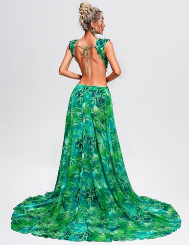 Red Maxi Beach Squin Printed Floral Dress for Women Summer Chiffon Cut Out Backless Deep V Neck Vacation Dress4