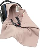Einschlagdecke für Babyschale aus Waffelpique – Baumwolle mit Kapuze & Warmer Füllung, nur für 3-Punkt-Gurtsysteme, Universal Fußsack für Herbst & Winter, Weich & Atmungsaktiv(Beige/Altrosa)