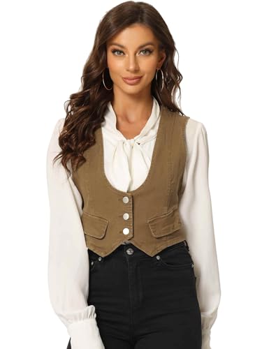 Allegra K Women's Denim Vest Vintage Button Up Sleeveless Crop Jean Vest Waistcoat