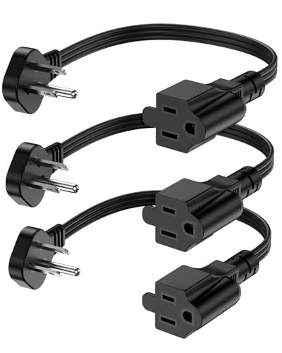 Image of Flat Plug Short Extension Cord 1Ft Low Profile Adapter 3 Prong Indoor Small Grounded Power Cable Outlet Saver 16AWG 13A 1625W Black 3 Pack