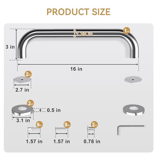 Image of AmazerBath Shower Grab Bars for Seniors Anti Slip, Bath Safety Grab Bar for Needy, Stainless Steel Bathroom Safety Grab Bars, Thickened Bar Bigger Base Holds 500LBS, 16 inch L x 1.25 inch D, Brushed Nickel