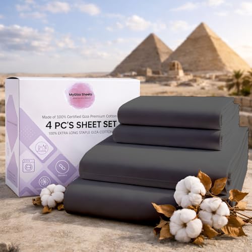 MyGiza Sheets,100% Certified Giza Egyptian Cotton Sheets-Full Size Giza Cotton Sheets Set to Fit Upto 15 Inches Deep Mattress (4 Pcs) Slate Grey
