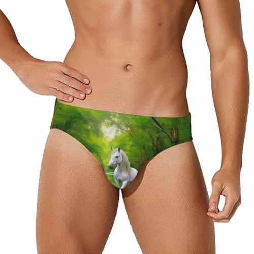 Three White Horses Green Forests Men's Swim Briefs Sexy Bikini Swimsuit Beach Shorts Underwear Low Waist