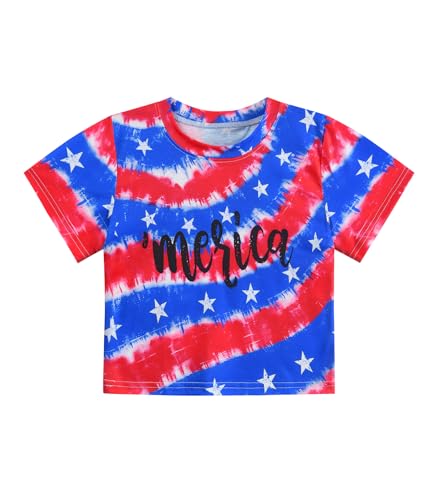 Image of Tkria Girl Crop Tops July 4th Crewneck Tshirt American Flag Patriotic USA Flag Girls Outfit Clothes Size 6-14