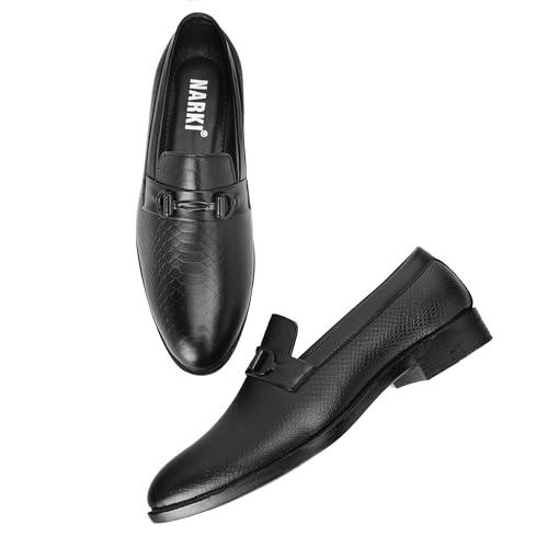 Image of NARKI Men's Tan Formal Loafers - Stylish Slip-On Synthetic Leather Dress Shoes | Textured Office Wear Shoes for Men