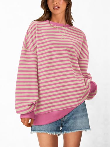 Image of PRETTYGARDEN Womens Striped Oversized Sweatshirt Color Block Crew Neck Long Sleeve Casual Loose Pullover Top Y2K Clothes