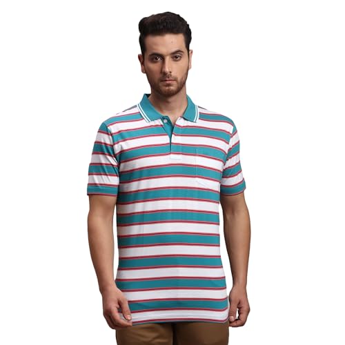 Image of Colorplus Men's Pure Cotton Stripe Pattern Classic Fit Polo Neck Half Sleeve Casual T-Shirt