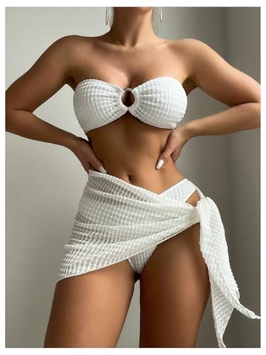 MakeMeChic Women's Bikini Sets Textured Ring Linked Bandeau Backless High Cut Swimsuit3