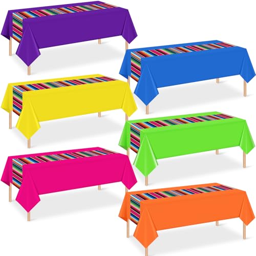 6 Pcs Mexican Fiesta Plastic Tablecloth Rectangle Disposable Table Cloth Striped Table Cover for Cinco De Mayo Taco Night Fiesta Party Decoration Mexican Wedding Birthday Home Decor 108 x 54 Inch