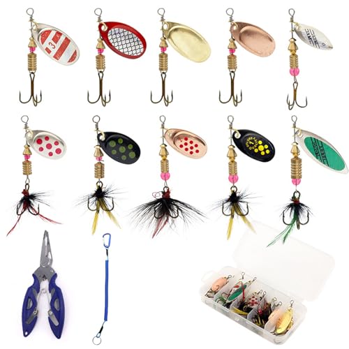 10Pcs Fishing Lures Set with Pliers, Tension Cord and box, Spinner Bait Set, Multi-Coloured Metal Fishing Lures, for Trout Pike Bass Salmon Freshwater and Saltwater Use