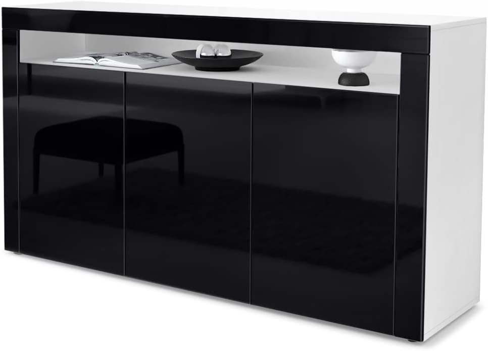 Vladon Valencia Sideboard, Cabinet with 3 Doors and 1 Open Compartment, White matt/black high gloss/black high gloss (155 x 92 x 40 cm)