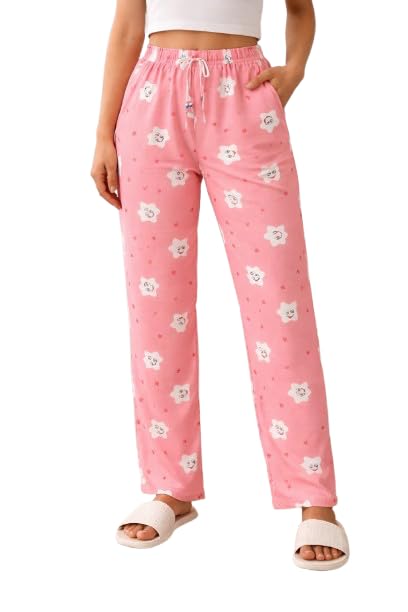 Women's Pink Pyjama Pants with Star Print, Elastic Waistband, Drawstring, Casual Lounge Wear-image-21