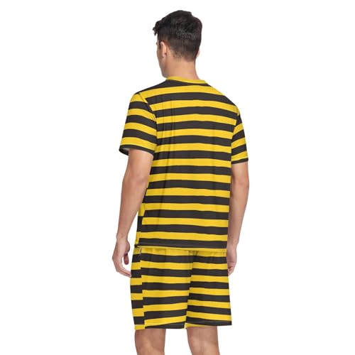 Laprad Men's Bumble Bee Stripe Pajamas Set Short Sleeve Sleepwear Two Piece Loungewear V-Neck with Pockets2