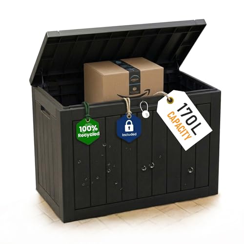 Olsen & Smith Parcel Box Outdoor 170L Garden Storage Box with Lid for Cushions Parcels Deliveries Toys Games & Tools Lockable Weather Resistant Easy Assembly Small Balcony & Pool Plastic Chest