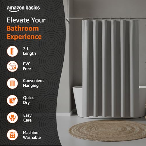 Image of Amazon Basics Shower Curtain 7 Feet | Waterproof Bathroom Curtain | PVC-Free, No Plastic Smell | Machine Washable Fabric | Grey | 6ft Wide | 12 Hooks -180 CM X 210 CM