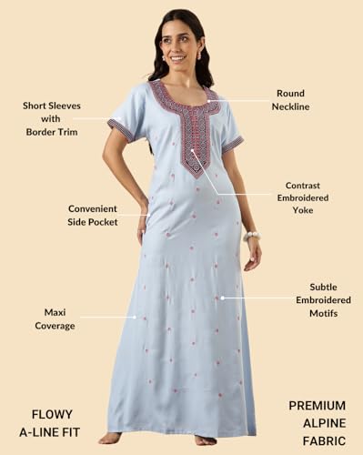 Image of 9shines Label Stylish Alpine Nighty Maxi for Women | Full Length Trendy Nightgown | Premium Nightdress | Nightwear | Heavy Embroidery Nighty with Pockets(2891)
