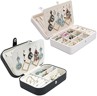 2Pcs Jewellery Box Organiser, SMFANLIN Small Travel PU Leather Jewelry Storage Case with Earrings Plate, Portable Jewelry Display Box for Rings Earrings Necklace Bracelets (White, Black)