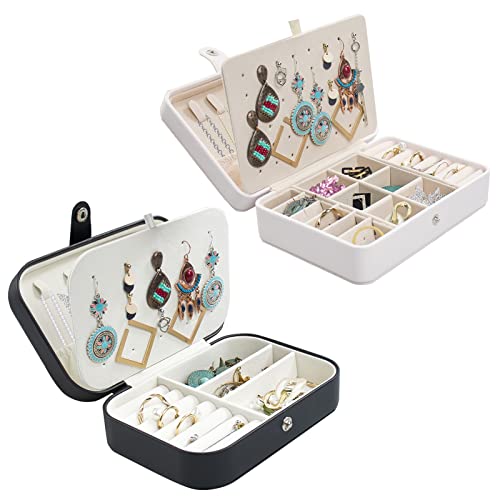 SMFANLIN Lot de 2 petites boîtes à bijoux de voyage en cuir synthétique avec plateau pour boucles d'oreilles, bagues, boucles d'oreilles, colliers, bracelets (blanc, noir) Cover