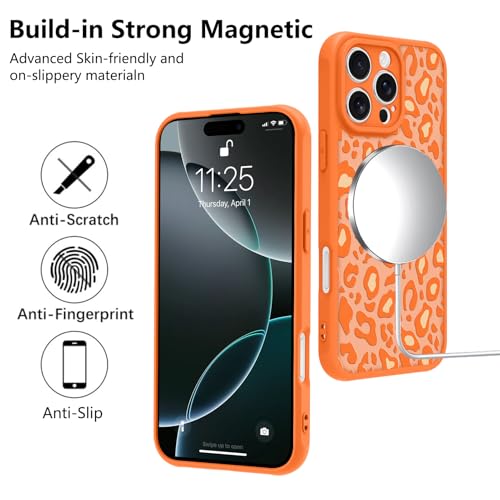 Image of KANGHAR Case for iPhone 16 Pro Orange Leopard Printed Pattern | Cute Cheetah [Compatible with Magsafe] Protective Magnetic Case for Girls Women 6.3 inch