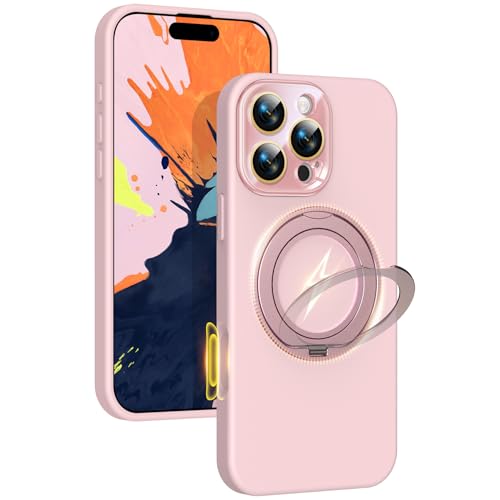Image of Silicone 360 Spin Magnetic Stand Case for iPhone 16 Pro Max, [Compatible with Mag-Safe][Reinforced Hard Camera Protection] Liquid Silicone Rubber Phone Cover with Ring, Camera Button, Pink
