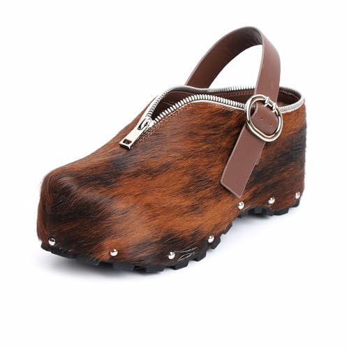 Image of XOBZJH Women's Natural Cow Print Fur Platform Clogs with Decorative Zipper & Adjustable Buckle Strap - Western Slip-On Punk Rivet Mules with Arch Support, Chunky Retro Rustic Style