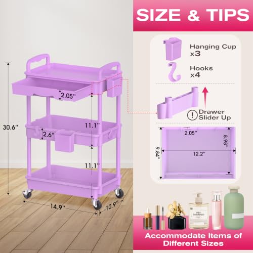 Image of Goovilla Rolling Makeup Organizer Cart with Removable Drawer, 3 Tier Stable Purple Floor Skincare Storage Cart for Vanity, Cosmetic Display, Nail Polish, Perfume, Hair Stuff, Beauty, Bathroom(Plastic)