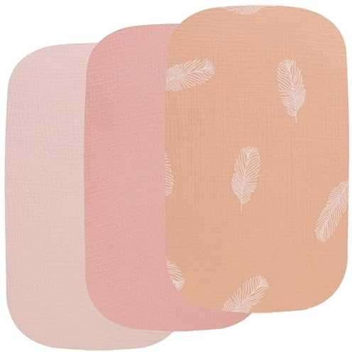 Image of Onacosht Muslin Bassinet Sheets 3 Pack, 35 inchx20 inch, Pink and Feather | Compatible with AMKE 3-in-1, MiClassic, Uiuwoo, Foalom, YADAQE, Milliard & TCBunny Bassinets, baby girl, 100% cotton