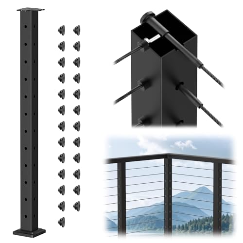 Image of BLIKA 42 inch Cable Railing Corner Post(Post 41 inchx2 inchx2 inch), 3-Side Drilled Flat Top Surface Mount Corner Post, Stainless Steel Black Handrail Corner Post for Cable Railing Kits, BL05-CP