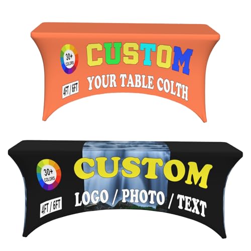 KAMXPOE Custom Table Cloth for Events Customized Spandex Table Cover Personalized Tablecloth with Business Logo, Stretch Fitted Rectangular Table Runner Machine Washable Table Protector, 4FT, Coral