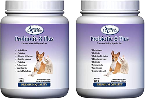 Probiotic 8 Plus Pet Probiotics | Enzymes & Fiber for Digestion | Natural Herbal Digestive Supplement |Reduces Indigestion | Specially for Cat & Dogs (500g) (Two Bottles Bundle)