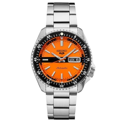 SEIKO Relógio masculino automático SRPK11 - coleção 5 esportes - relógio esportivo masculino com mostrador laranja, pulseira de aço inoxidável - resistente à água até 100 m, laranja, preto, sem
