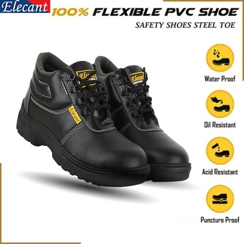 Image of ELECANT Lace-up Steel Toe, PVC Sole and Rexine Upper Black Safety Shoes for Construction, Factory and Industrial Work||Safety Shoes for Men