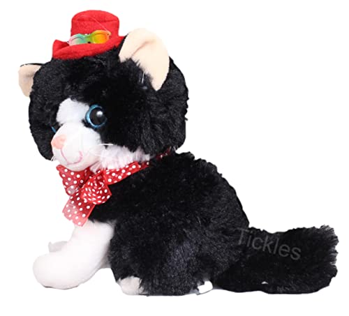 Image of Tickles Cute Sitting Cat Wearing Red Hat Soft Stuffed Glitter Eye Plush Animal Toy for Kids Room (Color: Black and White Size: 20 cm)