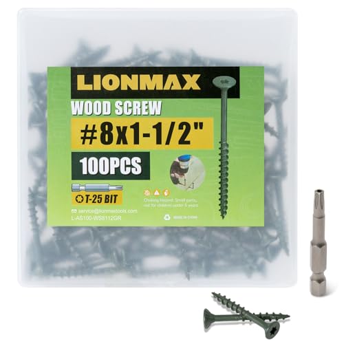 Image of LIONMAX Deck Screws 1-1 /2 Inch, Wood Screws #8 x 1-1 /2 inch, 100 PCS, Rust Resistant, Exterior Epoxy Coated, Outdoor Decking Screws, Torx /Star Drive Head Screw, T25 Star Bit Included, Green