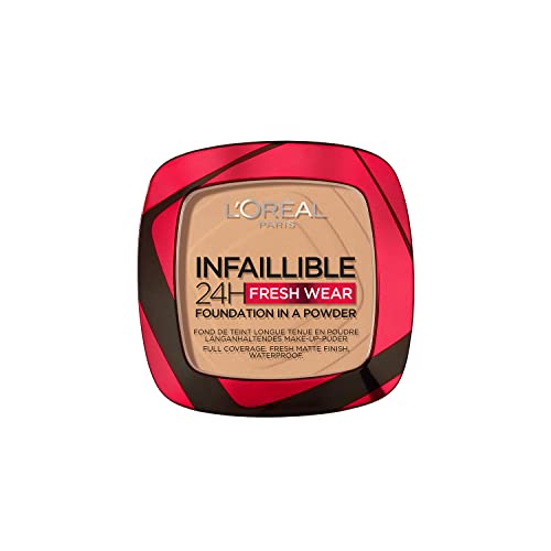 L'Oréal Paris Infallible 24H Fresh Wear Base en polvo, cobertura completa, larga duración, acabado suave ligero, resistente al agua y a la transferencia, arena radiante 250