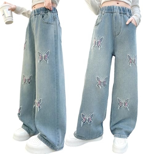 Tween Girls Baggy Jeans, Casual Elastic Waistband Wide Leg Jeans with Butterfly Embroidered, Cute Pants for Girls