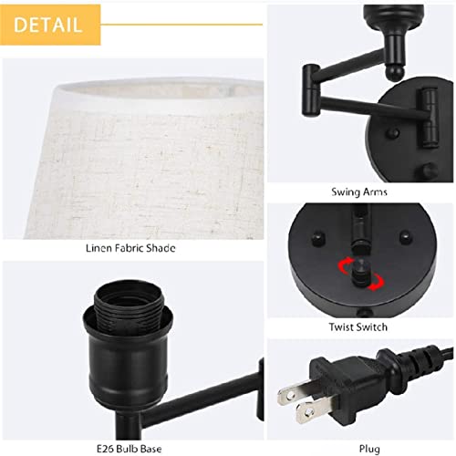 Lámpara de pared regulable con enchufe e interruptor E27 negro para lectura en cabecero de cama 6