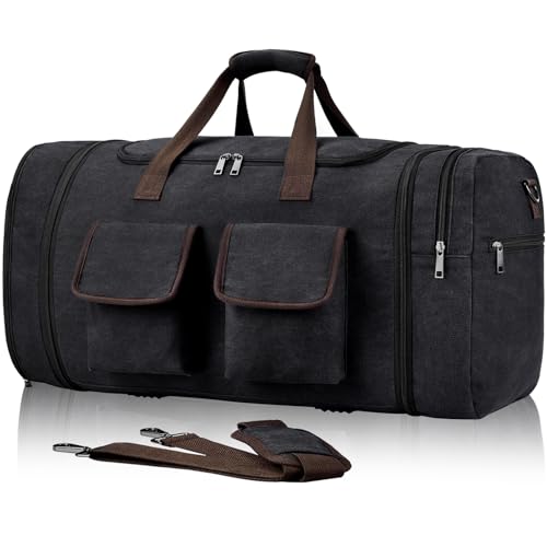 Large Duffle Bag for Travel, 60L Canvas Travel Duffel Bags Travel Bags Overnight Weekend Gym Bag Carry On Duffel Bag with Wet Dry Separation Pocket & Shoe Compartment(Black)