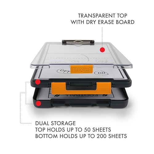 Image of Dexas Clearview Clipcase Dry Erase clipboard, 13.75 x 9.5 Inch, Orange. See papers clearly outdoors, stay organized and dry. Ideal for coaching, teaching, homeschooling, art, trades, and medical pros.