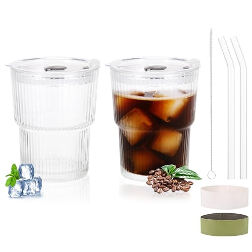 Hejo 2 Piezas Vasos de cristal con Tapa y Pajita, 400ML Vaso de Vidrio Acanalado, Taza de Café Helado Transparente, Vaso Matcha Prueba de Fugas para Café, Té con Leche, Bebidas Frías, Jugos