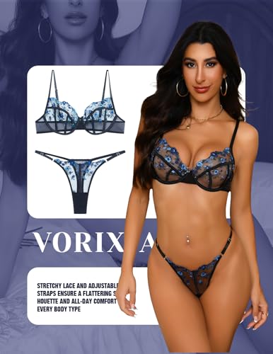 Image of Lingerie Sexy Bra and Panty Set for Women See Through Sheer Underwear Cute Exotic Floral Embroidery Babydoll Set