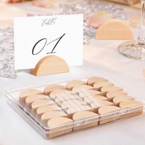Image of 24Pcs Wood Table Number Stands, Wood Place Card Holders Include Traceless Adhesive Stickers, Semicircular Design Place Card Holders for Wedding, Ceremony, Birthday, Party, Events