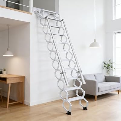 9FT Wall Mounted Retractable Attic Stairs, 11 Steps Folding Loft Ladder with Handrails, Heavy Duty Pull Down Attic Ladder, Up to 660 Lbs,Telescoping Ladder for Indoor, (White, 11 Steps)