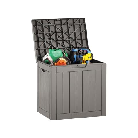 EAST OAK Outdoor Storage Box, 31 Gallon Deck Box Indoor and Outdoor Use, Waterproof Resin Storage Bin for Package Delivery, Patio Cushions, Gardening Tools, Lockable, UV Resistant, Grey Cover
