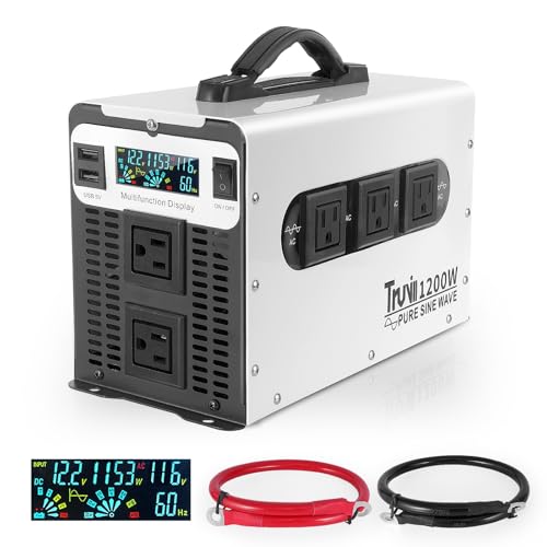 Truvill Inversor de onda sinusoidal pura de 1200 W, 12 V CC a 110 V 120 V Inversor de potencia con monitor LED, inversor solar para hogar, RV, camión, fuera de la red, 12 V, USB integrado, cinco